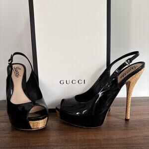 GUCCI Patent Leather Slingback Heels Sz 8.5 / EU 38.5 Black Peep Toe Classic Box